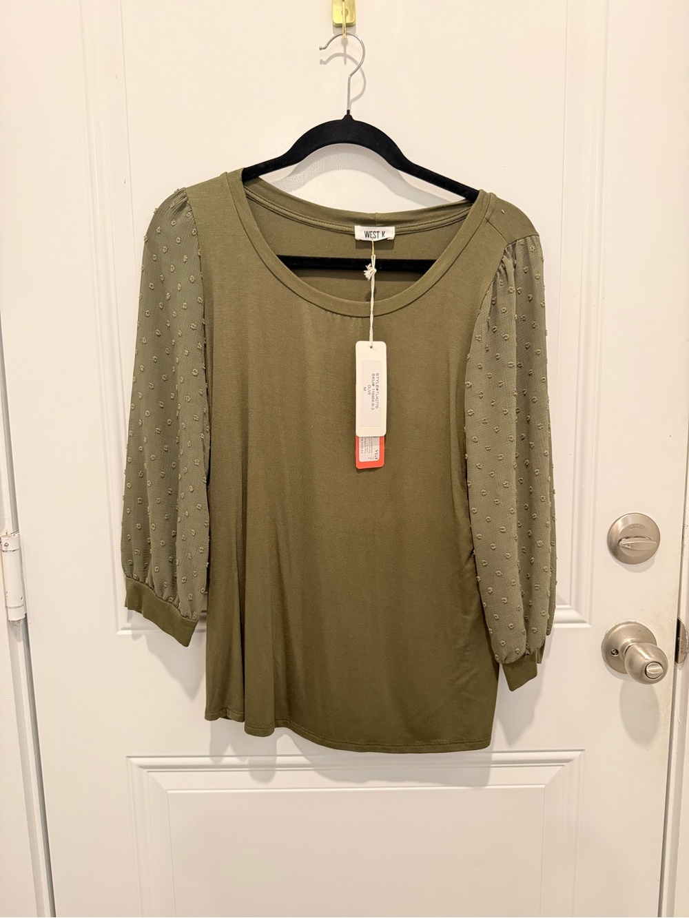 West K Olive Green Puff-Sleeve Women's Top